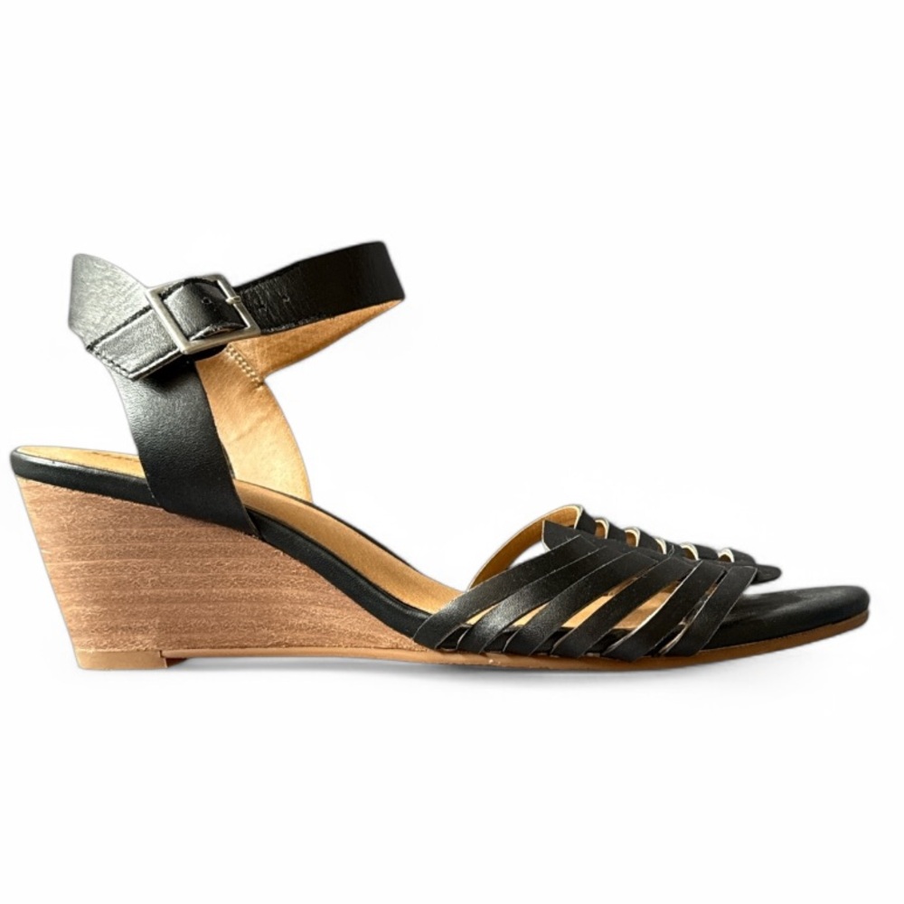 Black Leather Ankle-Strap Wedge Sandals